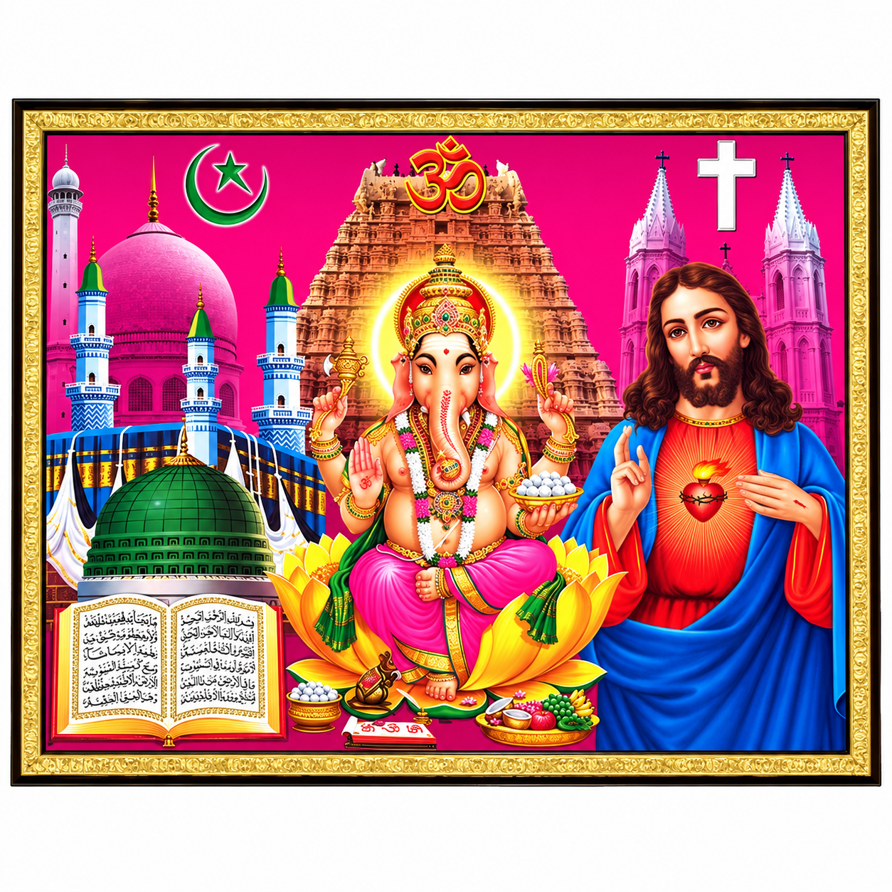 Chrisian Hindu Muslim images pink bg