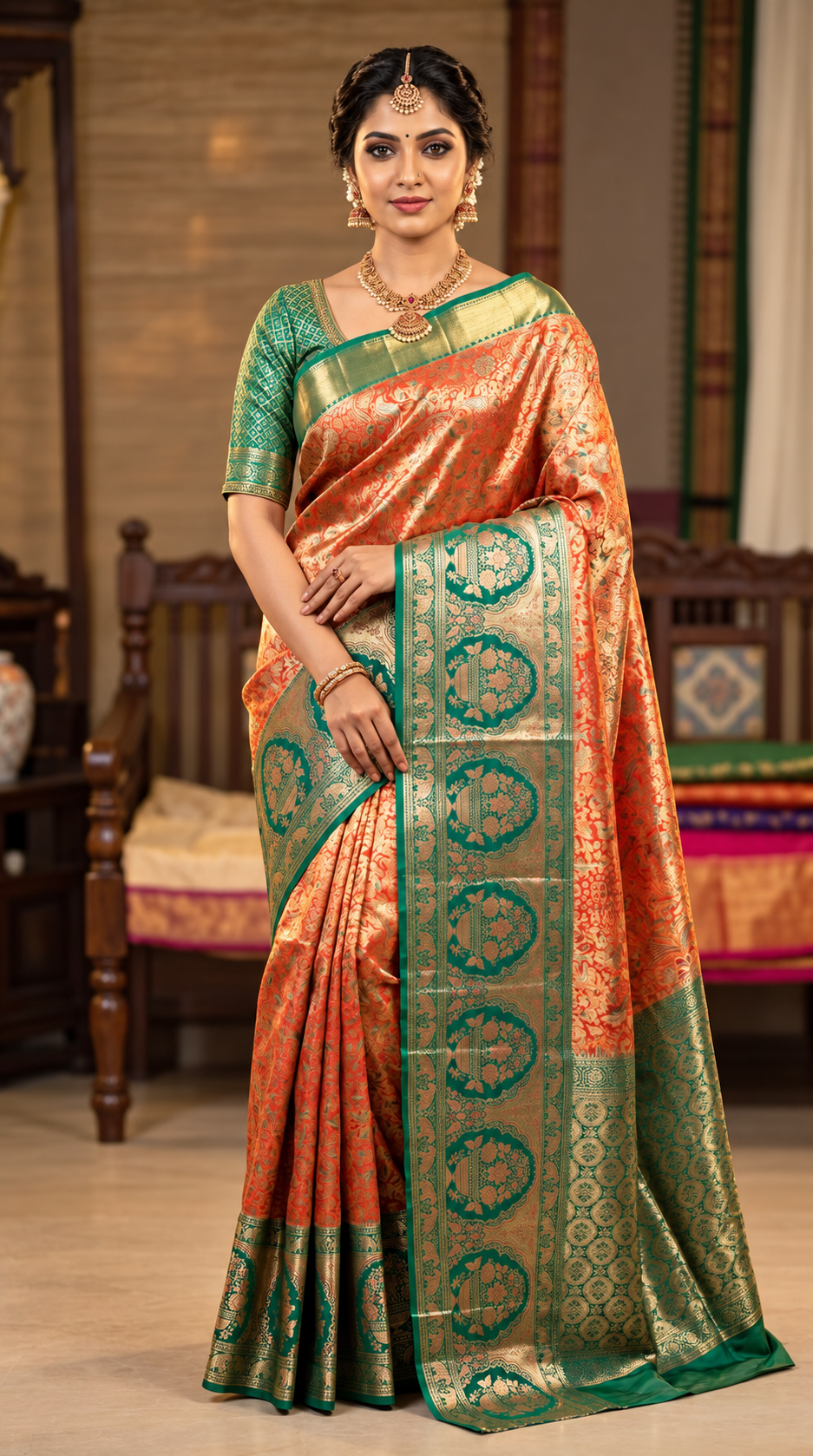 Full-length orange-green silk saree portrait